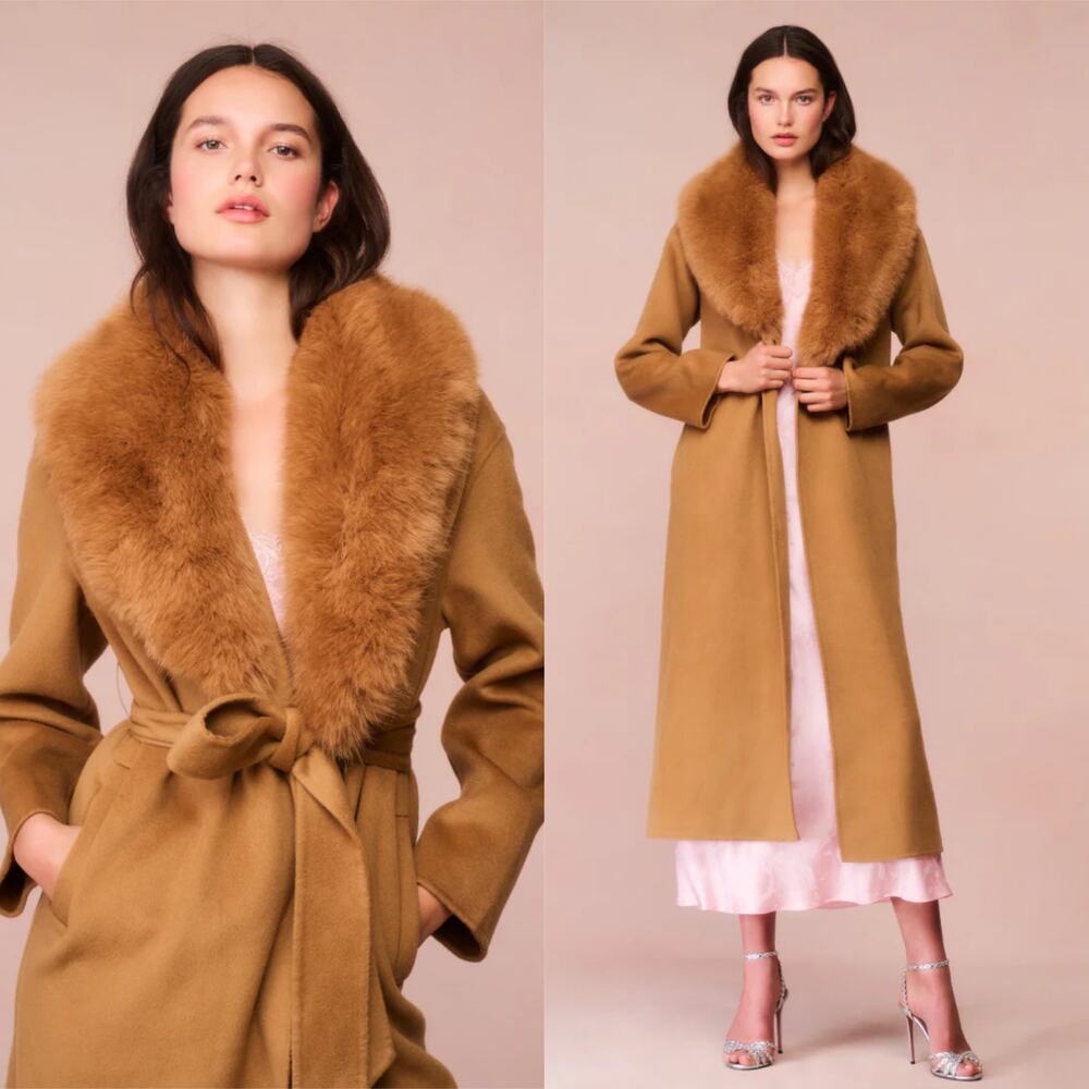 LoveShackFancy Mahika Wool Cashmere Faux Fur Collar Coat Camel